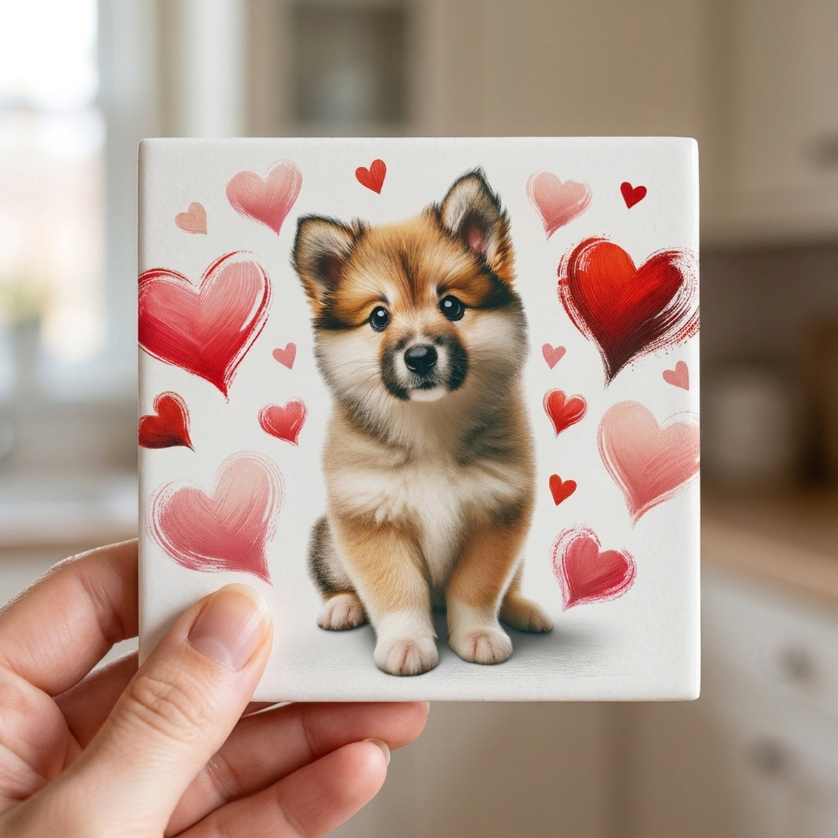 Icelandic Sheepdog ceramic coasters set of 4, in hand