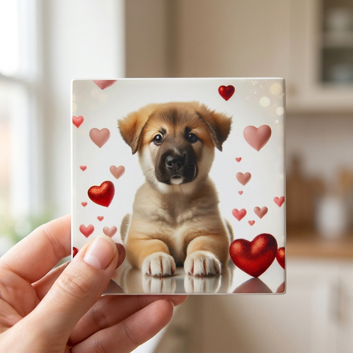 German Shepherd Dog ceramic coasters set of 4, in hand