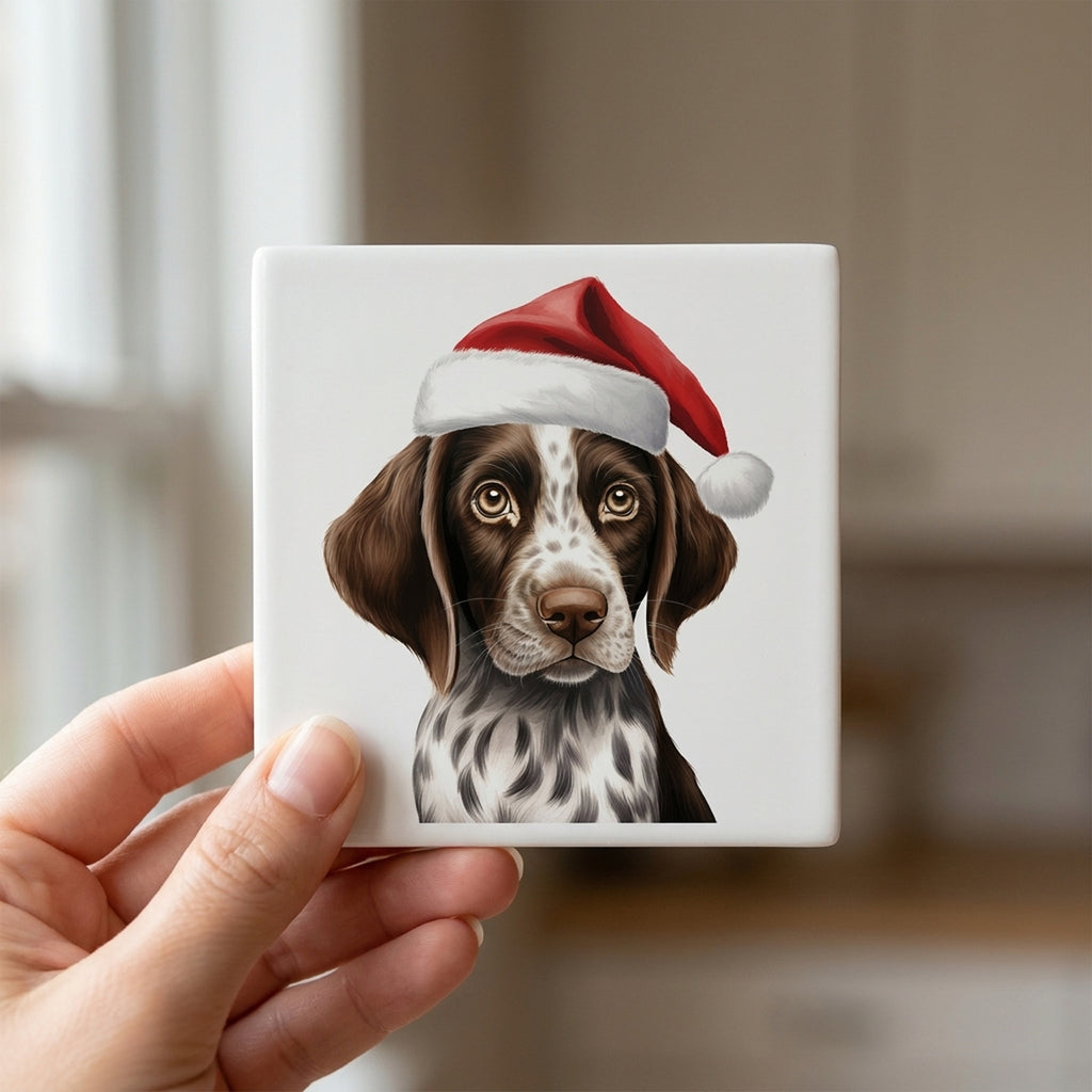 Pointer Puppy Drawing ceramic coasters set of 4, in hand