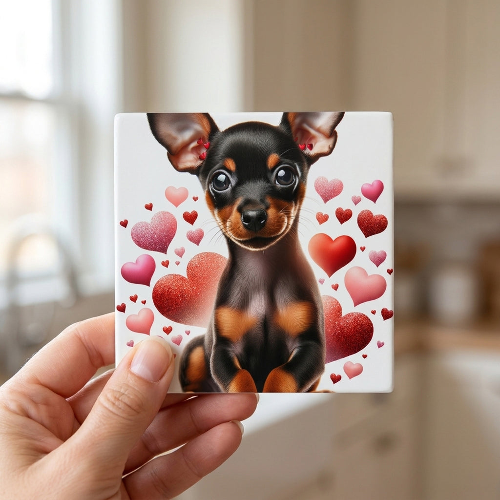 Miniature Pinscher ceramic coasters set of 4, in hand