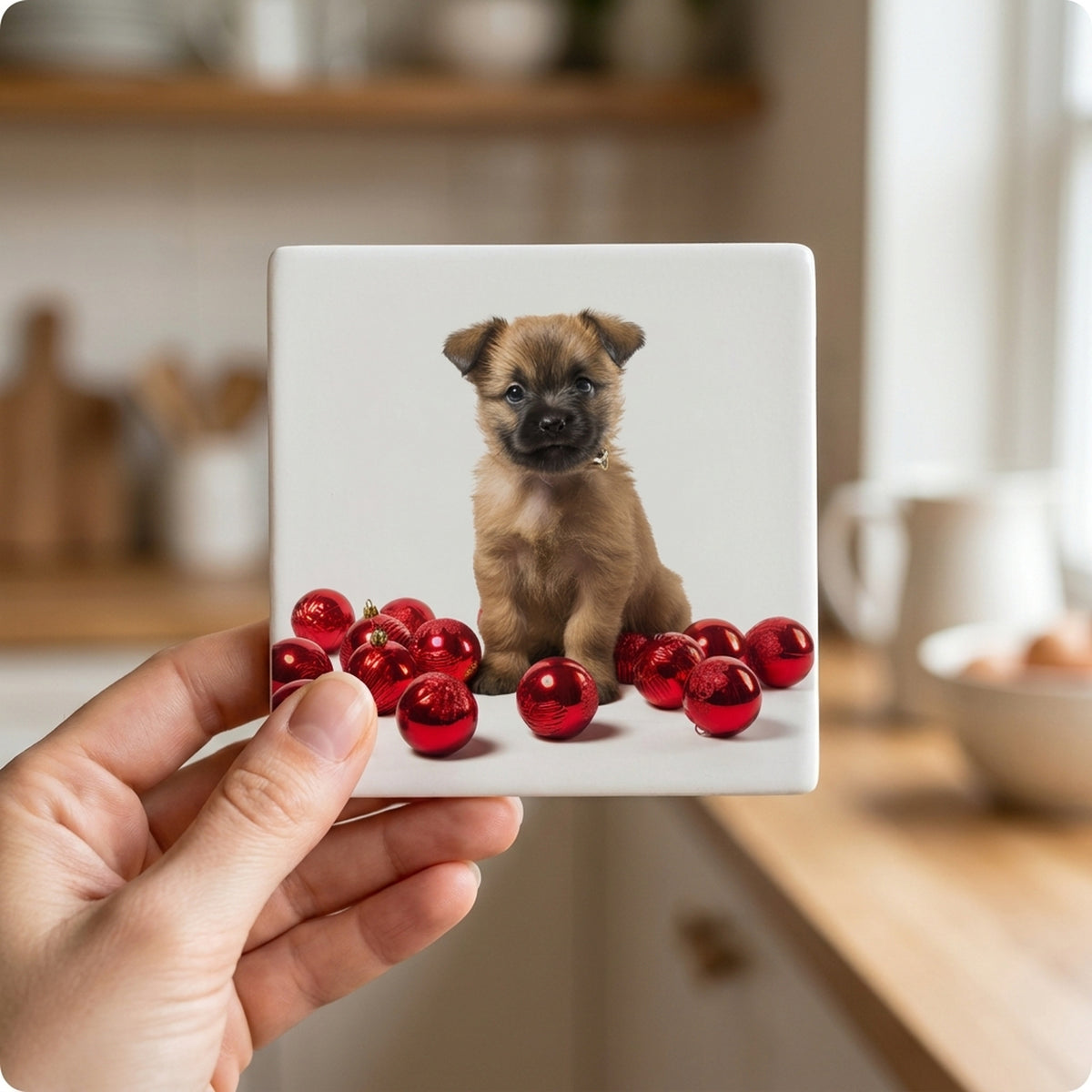 Cairn Terrier Puppy ceramic coasters set of 4, in hand