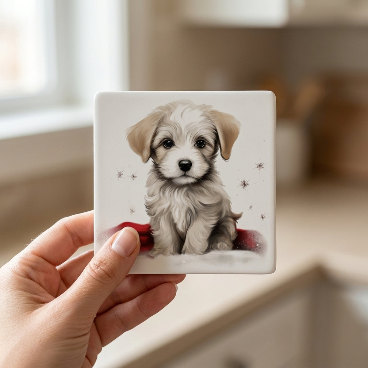 Dandie Dinmont Terrier Puppy Drawing ceramic coasters set of 4, in hand