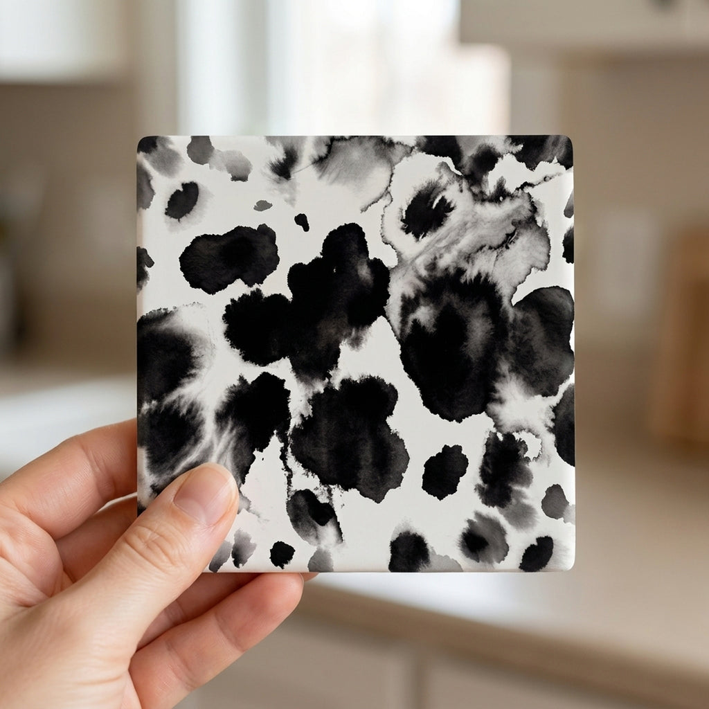 Cow Print ceramic coasters set of 4, in hand