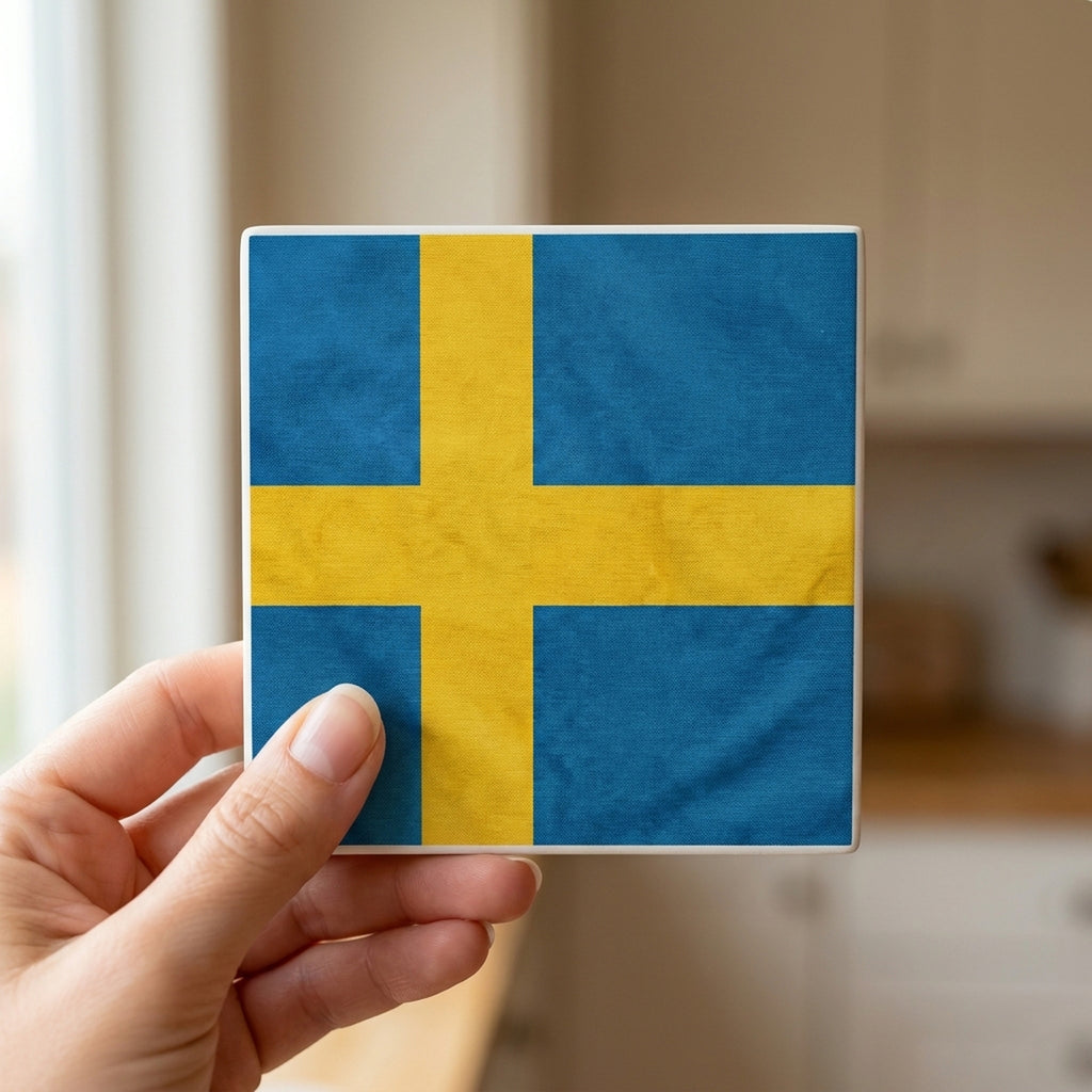 Sweden Flag Pride ceramic coasters set of 4, in hand