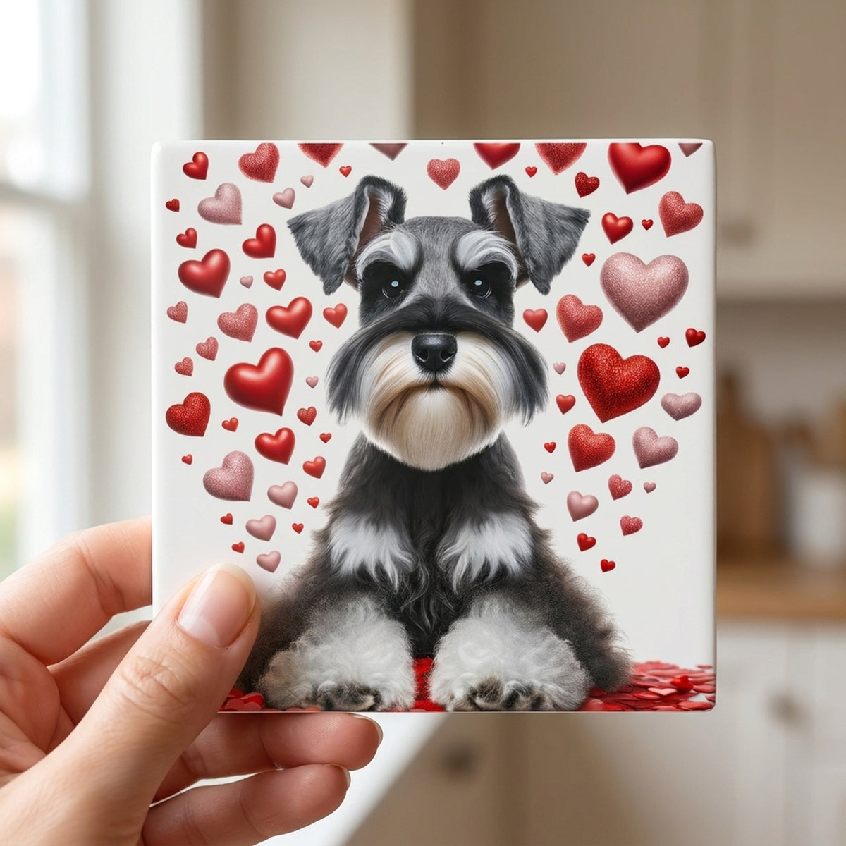 Miniature Schnauzer ceramic coasters set of 4, in hand