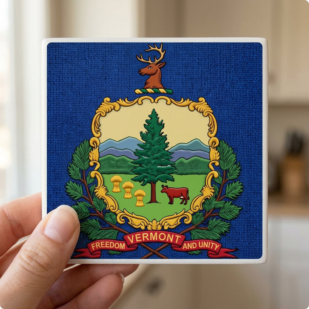 Vermont State Flag ceramic coasters set of 4, in hand