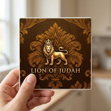 Lion Of Judah ceramic coasters set of 4, in hand