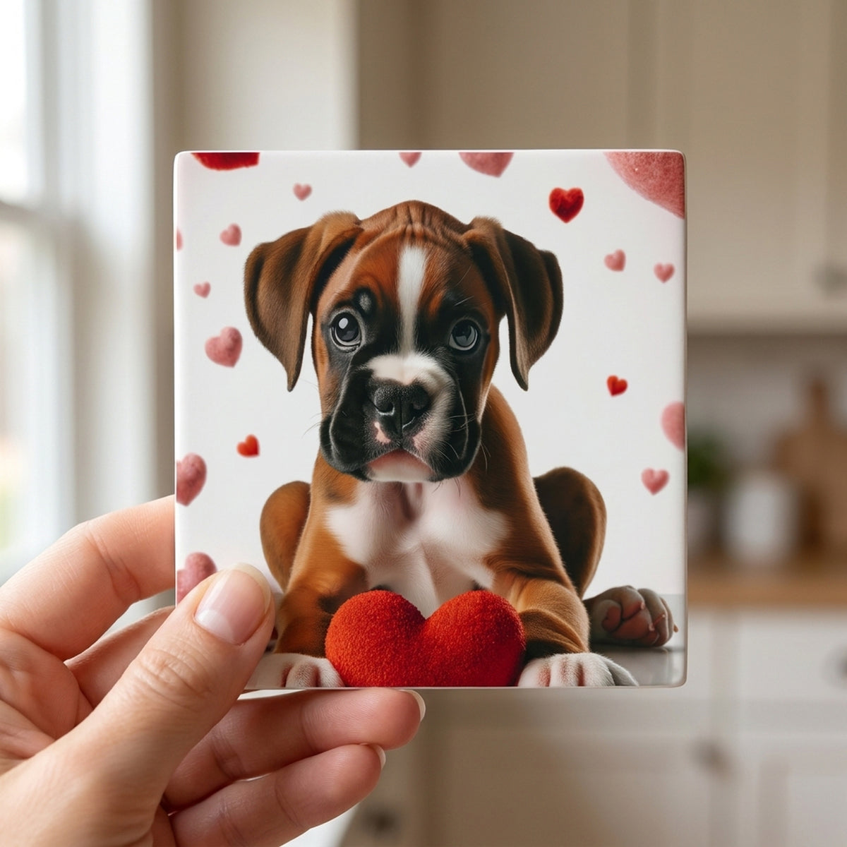 Boxer ceramic coasters set of 4, in hand