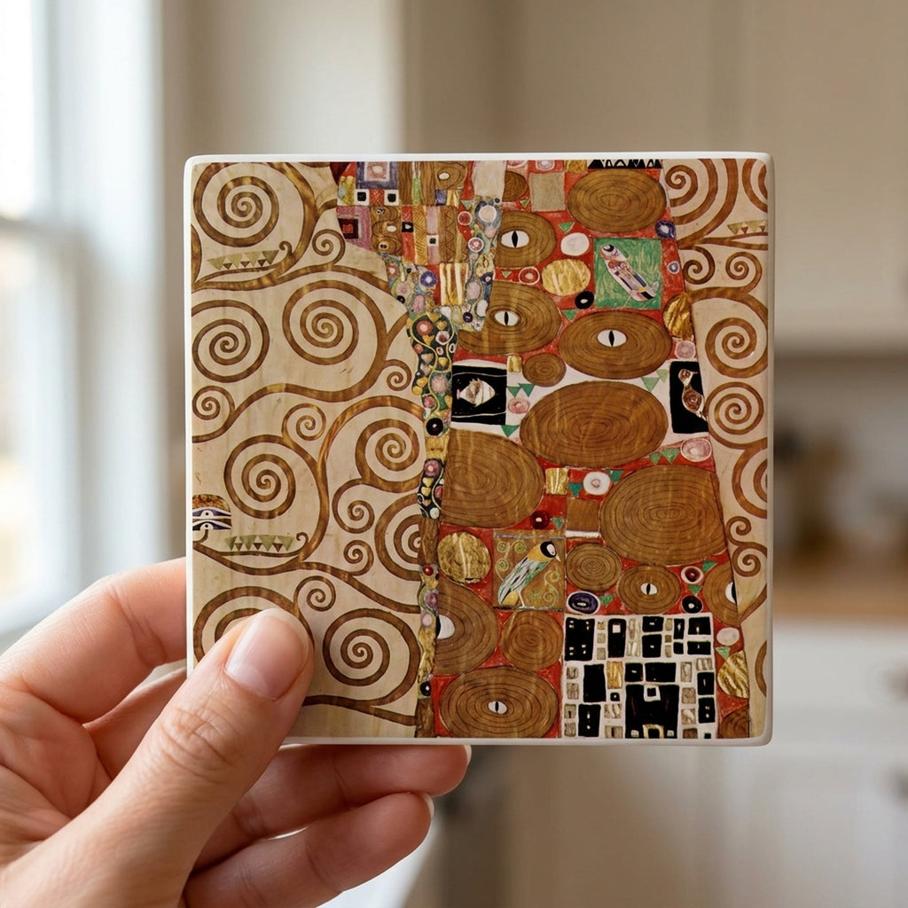 Klimt Tree Of Life ceramic coasters set of 4, in hand