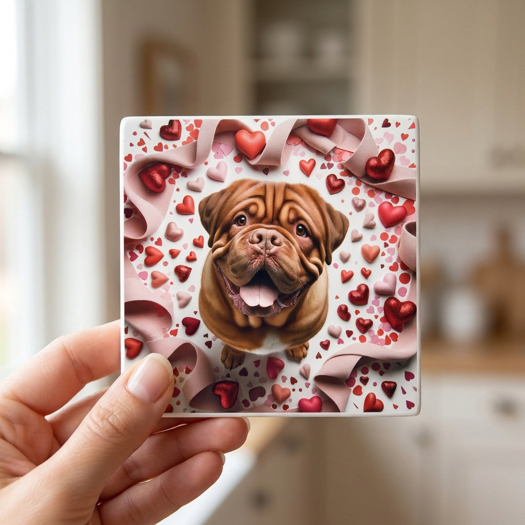Dogue de Bordeaux ceramic coasters set of 4, in hand