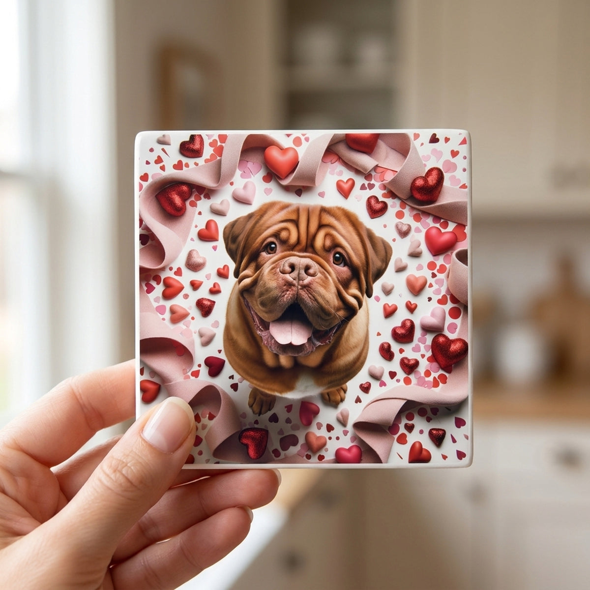 Dogue de Bordeaux ceramic coasters set of 4, in hand