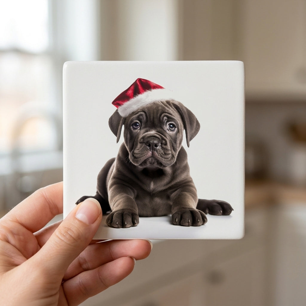Cane Corso Puppy ceramic coasters set of 4, in hand