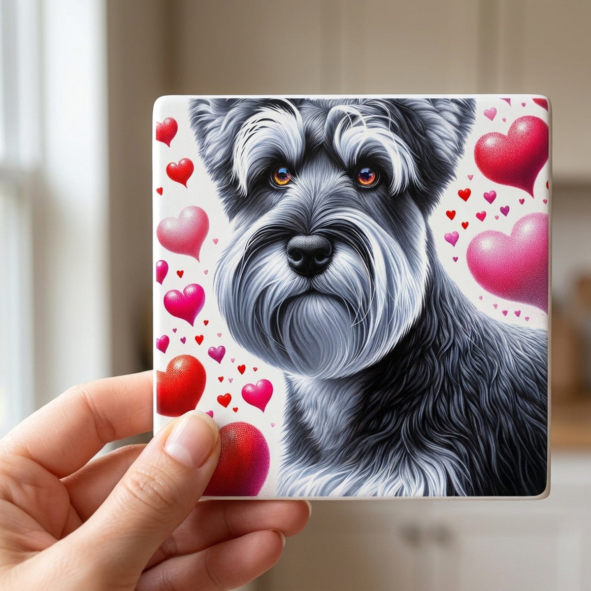 Miniature Schnauzer ceramic coasters set of 4, in hand