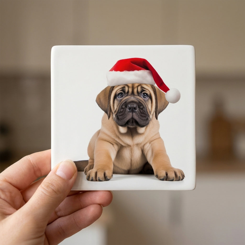 Mastiff Puppy ceramic coasters set of 4, in hand