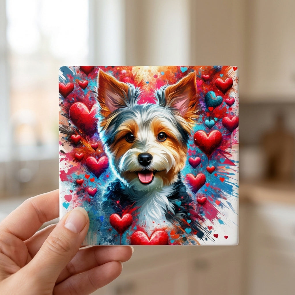 Yorkshire Terrier ceramic coasters set of 4, in hand
