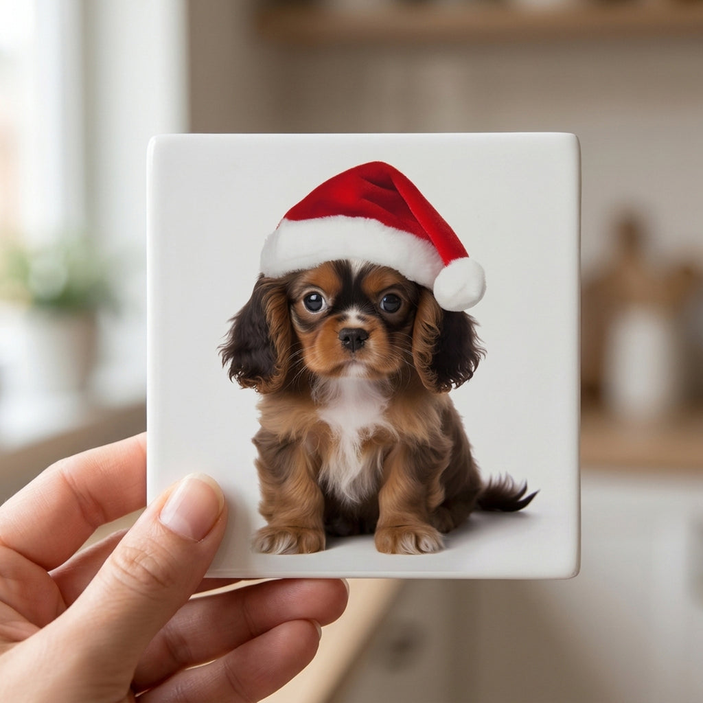 English Toy Spaniel Puppy ceramic coasters set of 4, in hand