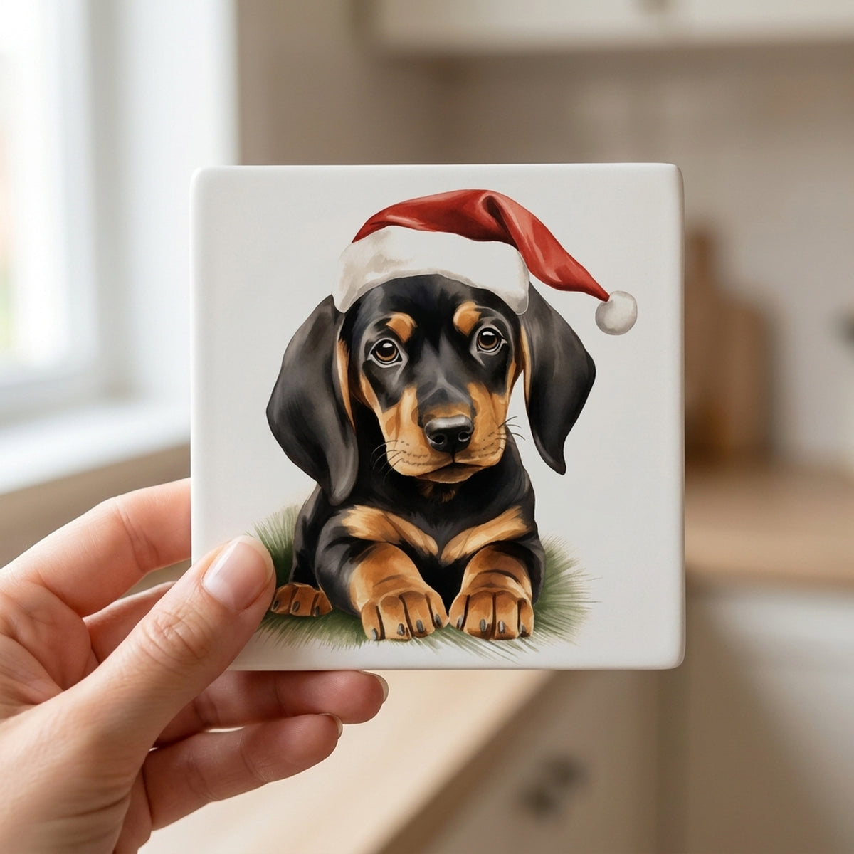 Black and Tan Coonhound Puppy Drawing ceramic coasters set of 4, in hand