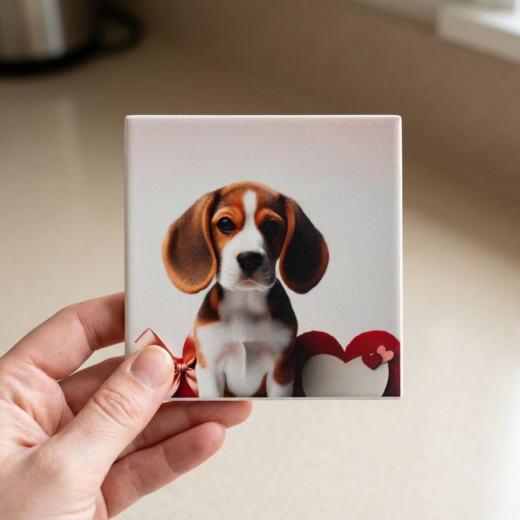 Beagle ceramic coasters set of 4, in hand