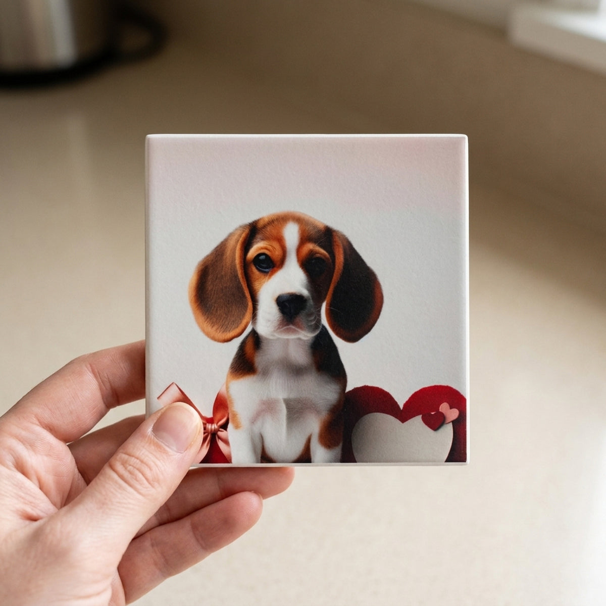 Beagle ceramic coasters set of 4, in hand