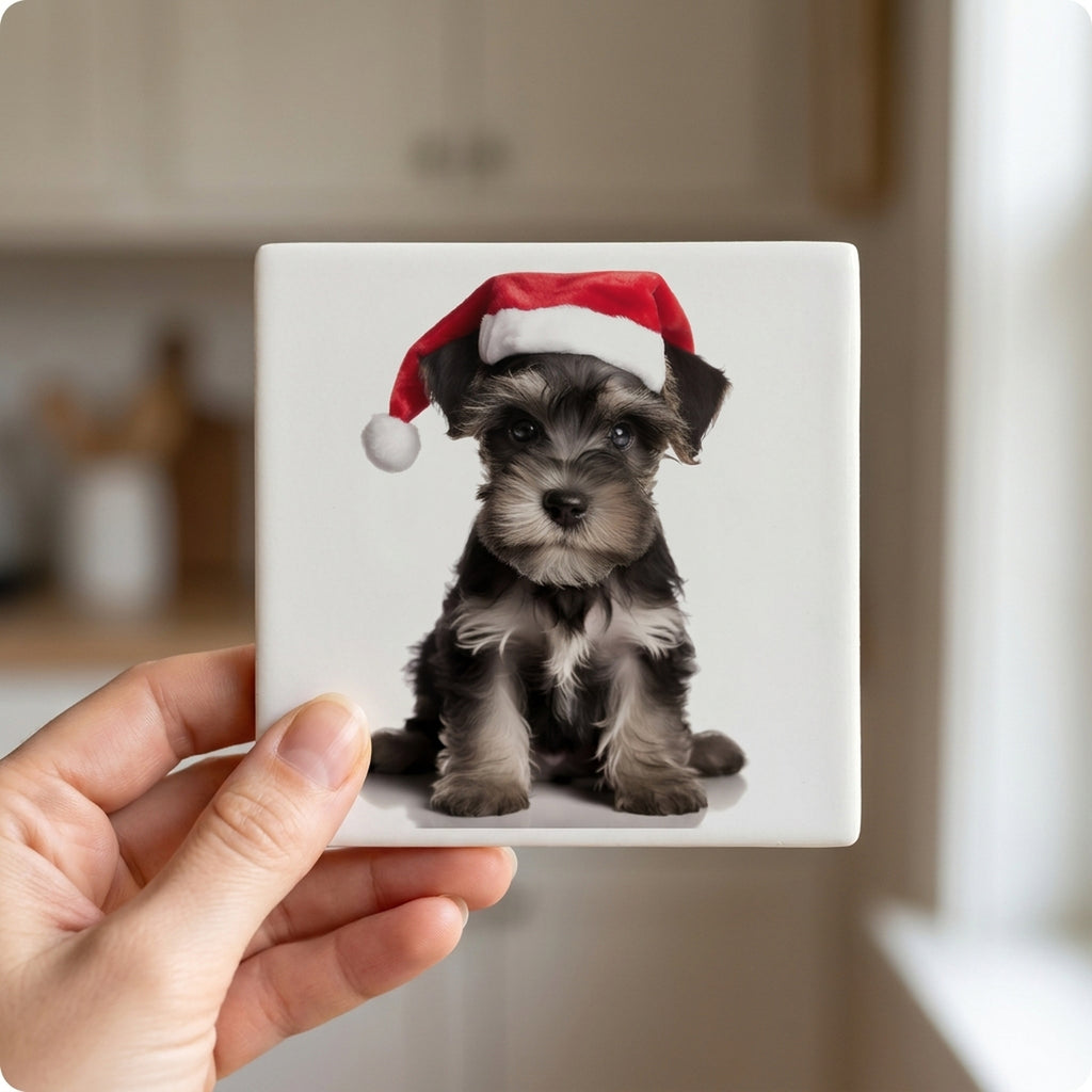 Miniature Schnauzer Puppy ceramic coasters set of 4, in hand