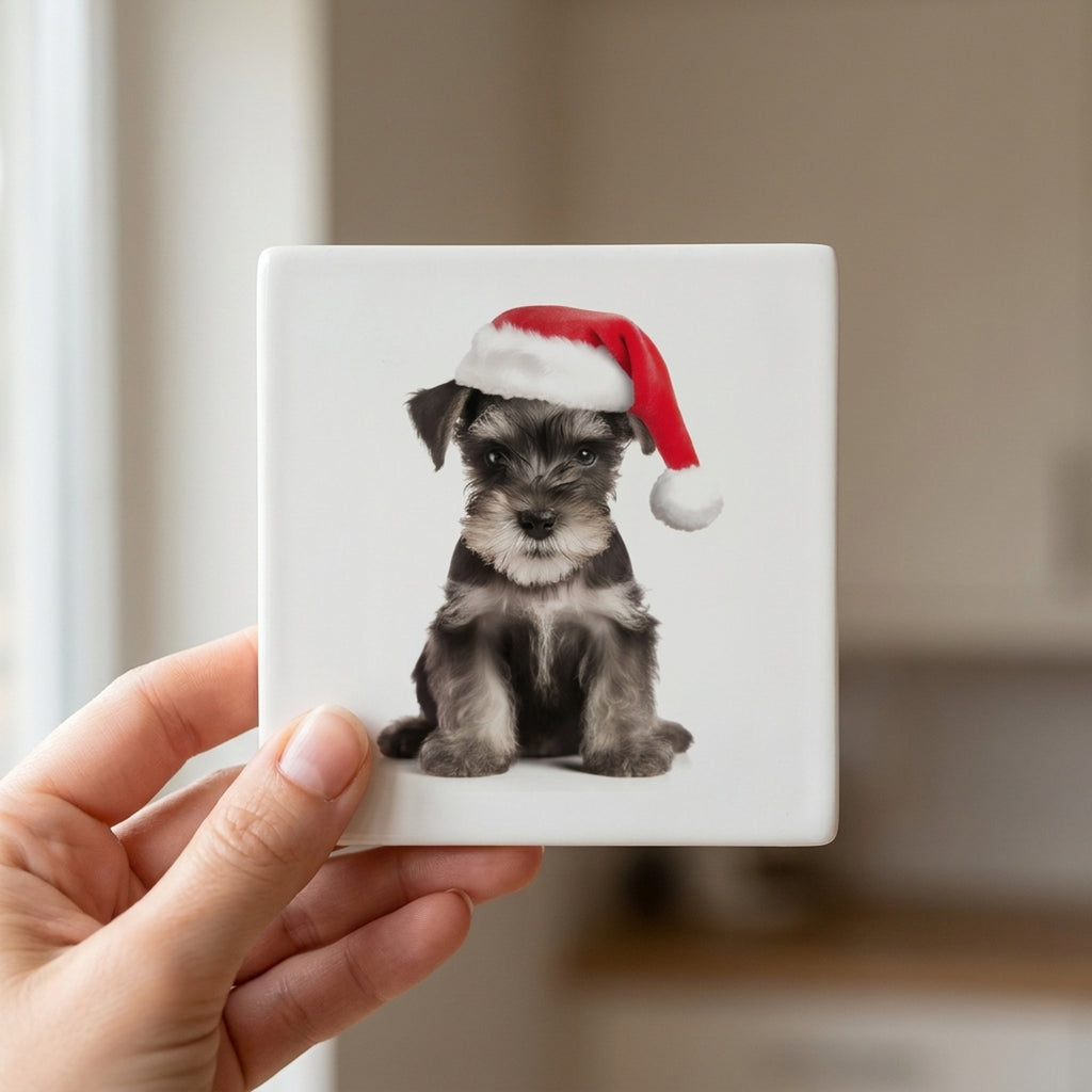 Miniature Schnauzer Puppy ceramic coasters set of 4, in hand