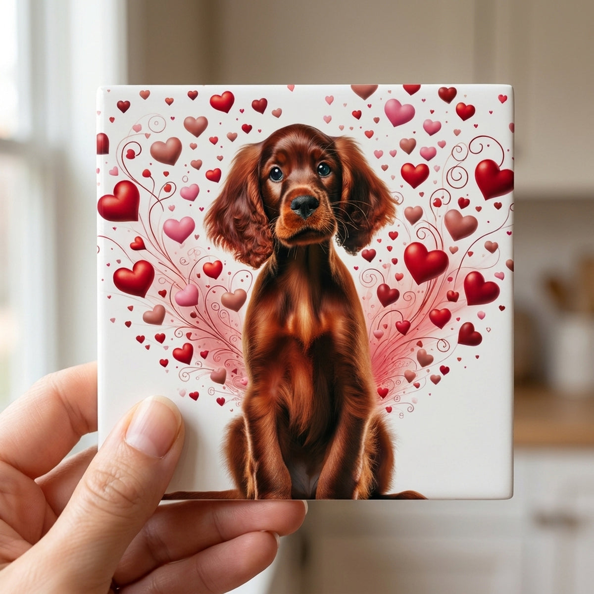 Irish Setter ceramic coasters set of 4, in hand