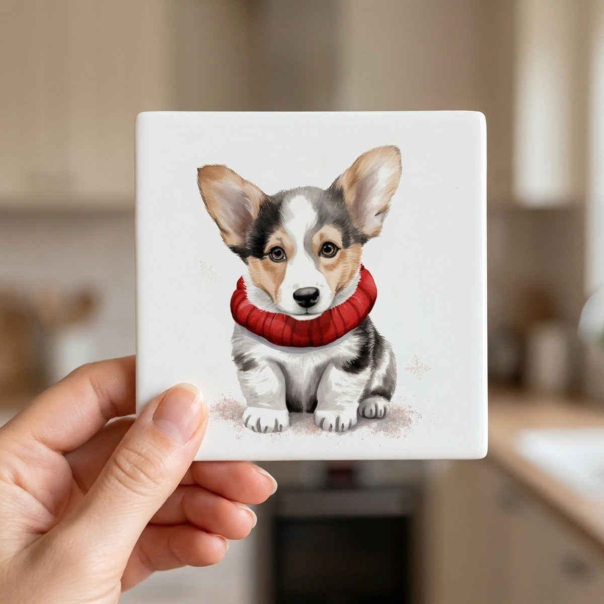 Cardigan Welsh Corgi Puppy Drawing ceramic coasters set of 4, in hand