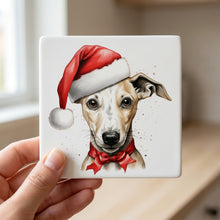 Whippet Puppy Drawing ceramic coasters set of 4, in hand