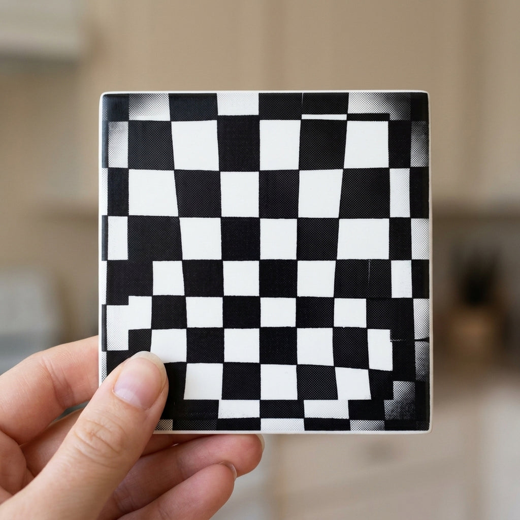Checkerboard ceramic coasters set of 4, in hand