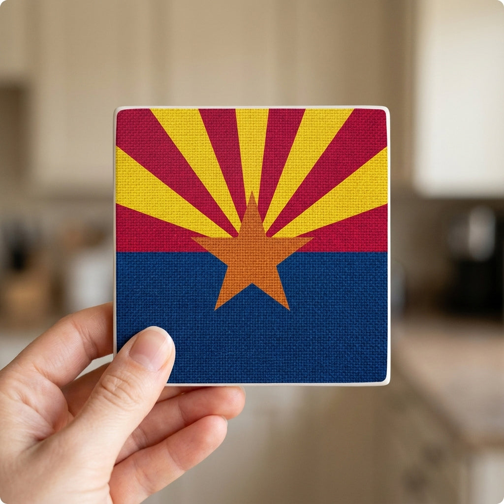 Arizona State Flag ceramic coasters set of 4, in hand