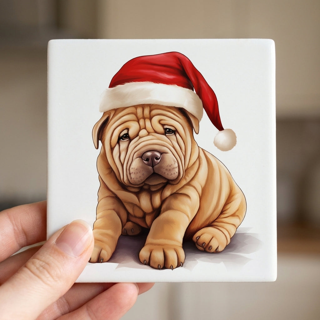 Chinese Shar-Pei Puppy Drawing ceramic coasters set of 4, in hand