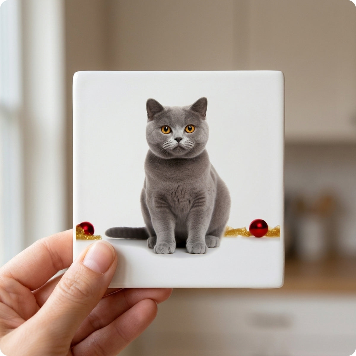 Chartreux Cat ceramic coasters set of 4, in hand
