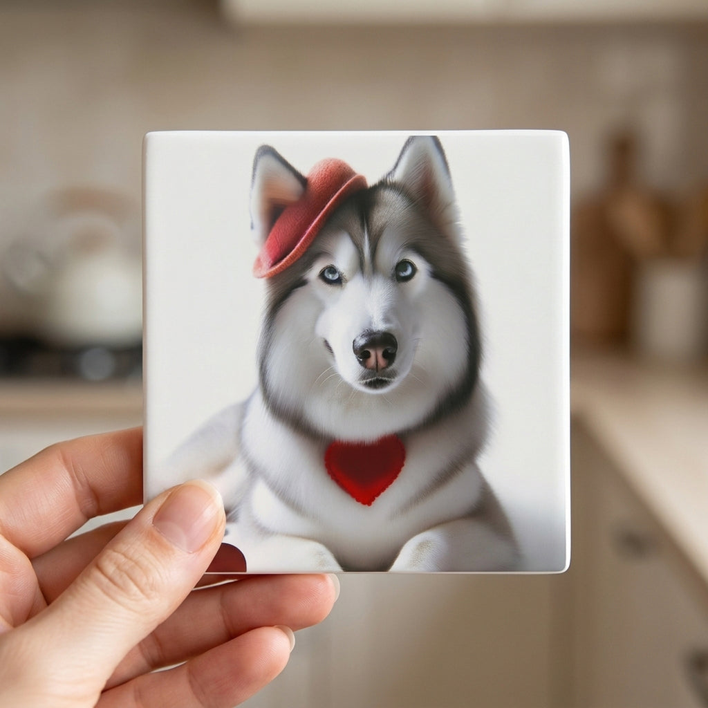 Siberian Husky ceramic coasters set of 4, in hand