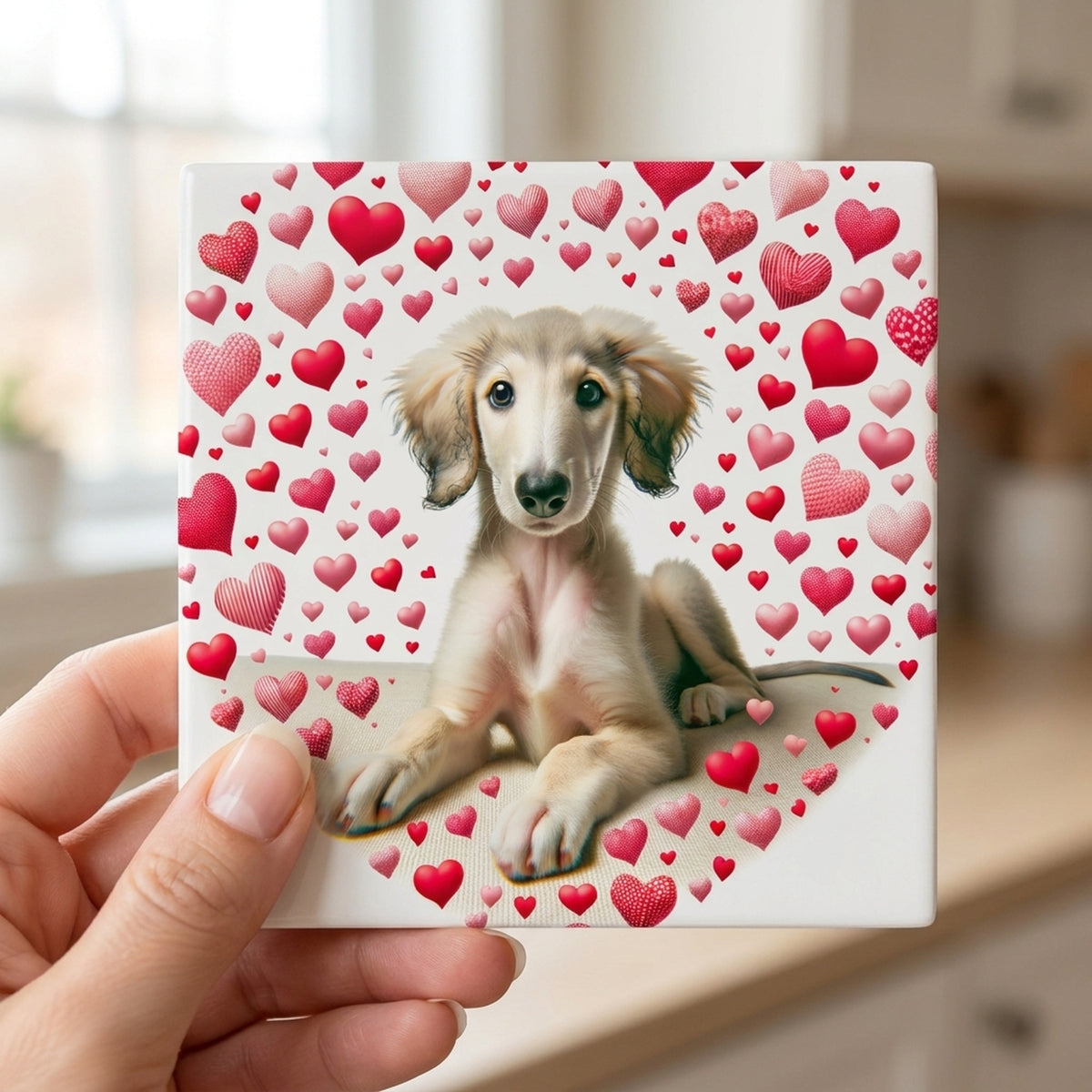 Saluki ceramic coasters set of 4, in hand