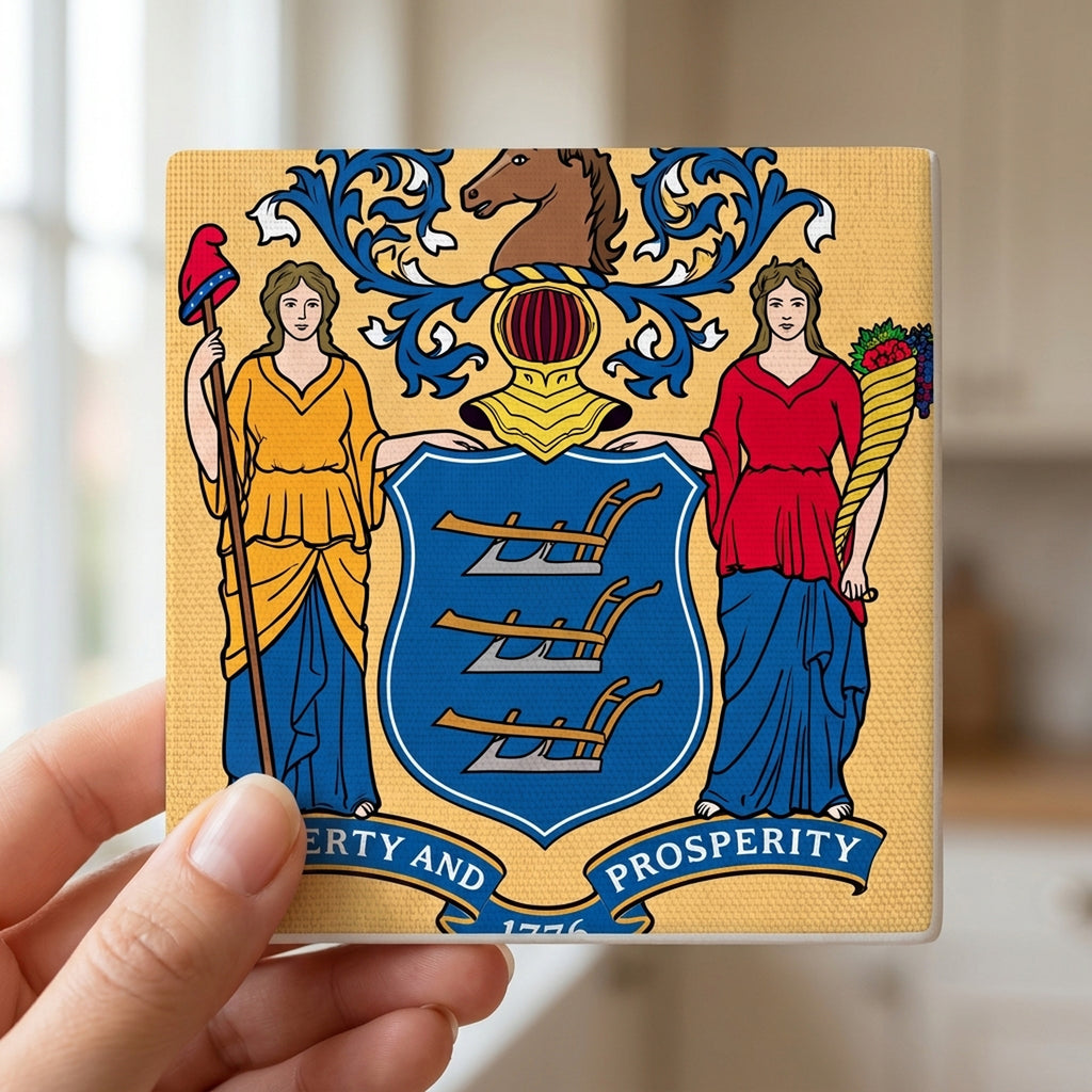 New Jersey State Flag ceramic coasters set of 4, in hand
