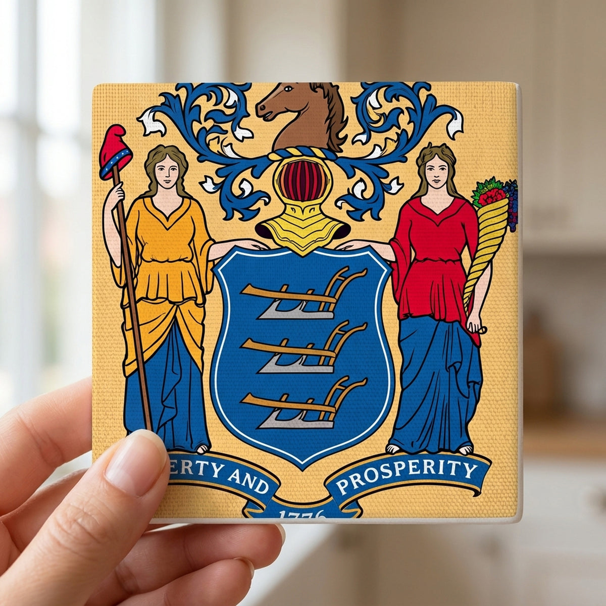 New Jersey State Flag ceramic coasters set of 4, in hand