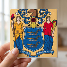New Jersey State Flag ceramic coasters set of 4, in hand