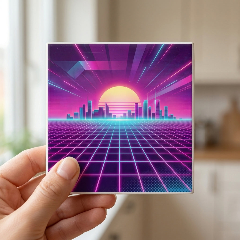 80s Neon Grid ceramic coasters set of 4, in hand