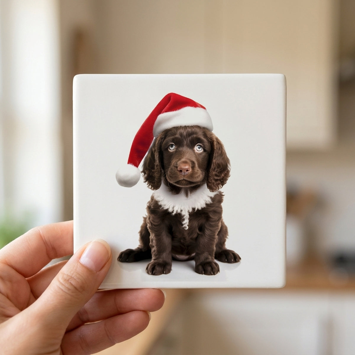 American Water Spaniel Puppy ceramic coasters set of 4, in hand