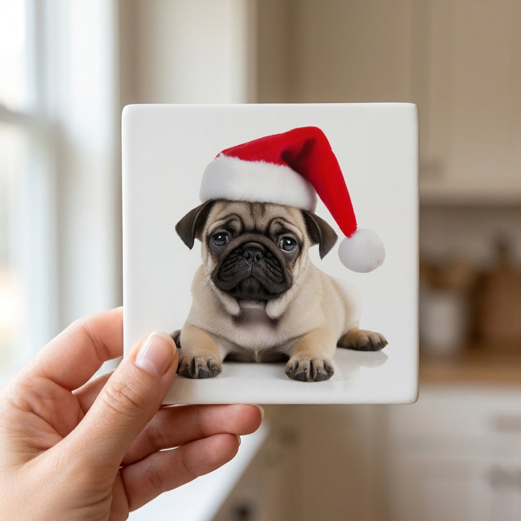 Pug Puppy ceramic coasters set of 4, in hand