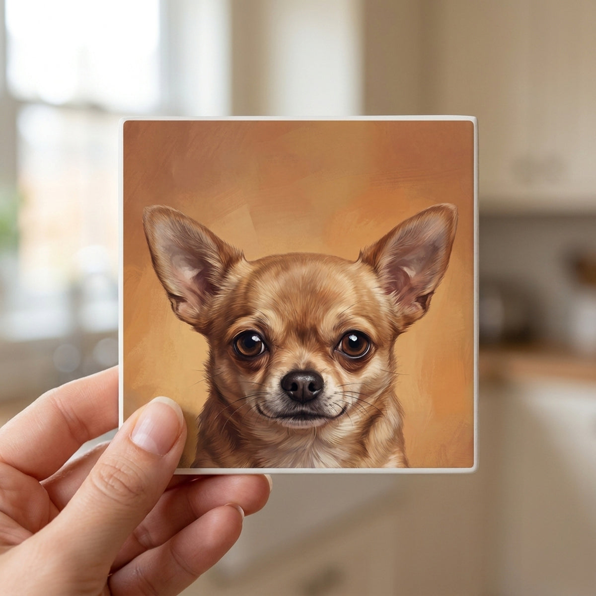 Chihuahua Portrait ceramic coasters set of 4, in hand