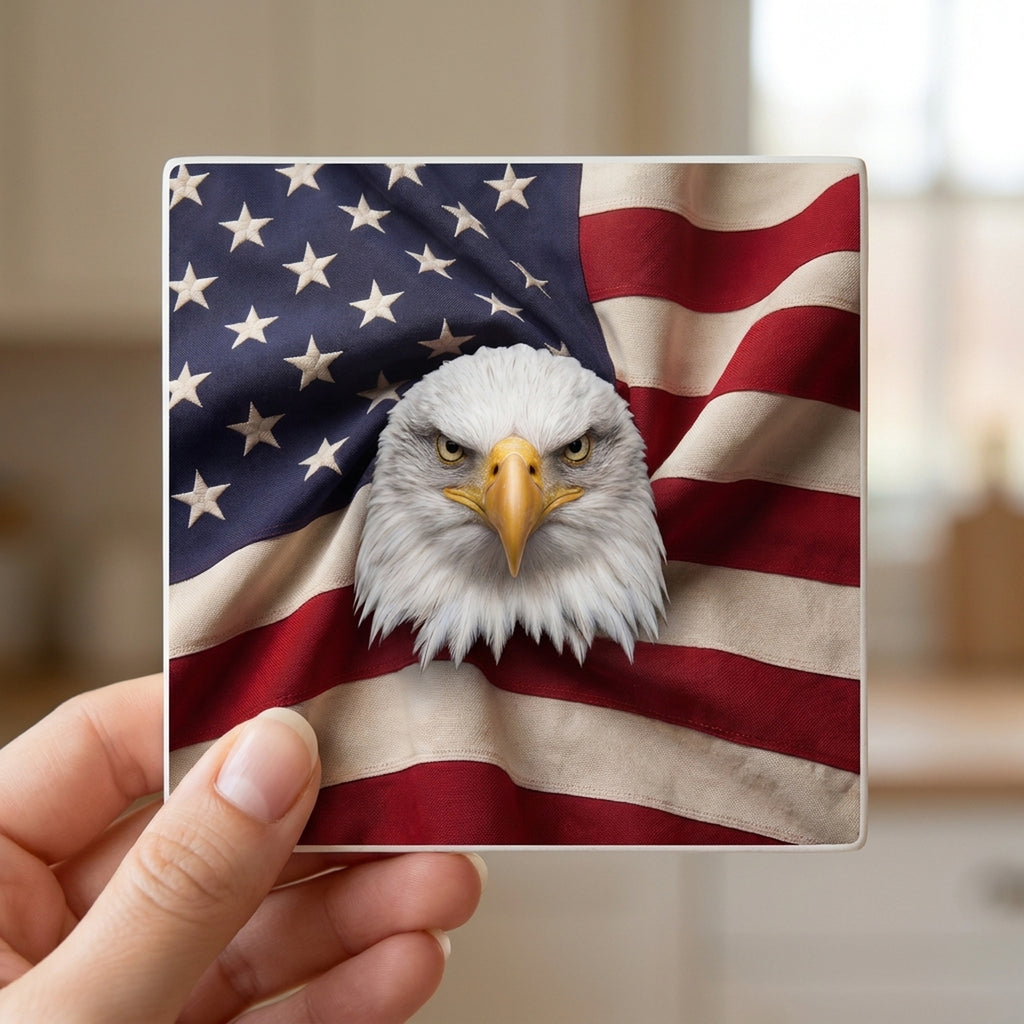 Patriotic Eagle & Flag ceramic coasters set of 4, in hand