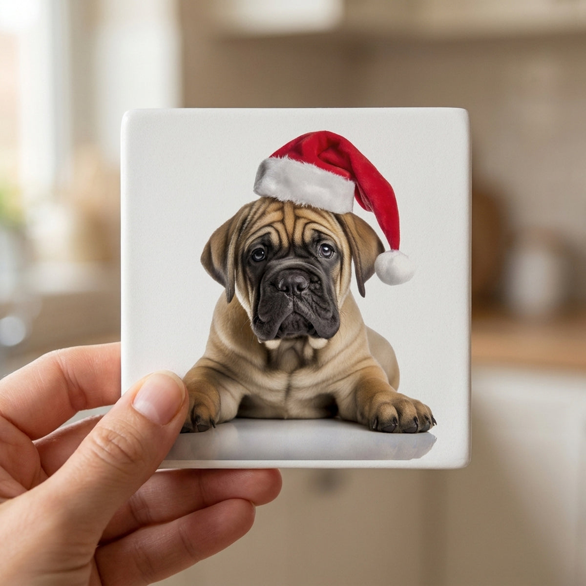 Boerboel Puppy ceramic coasters set of 4, in hand