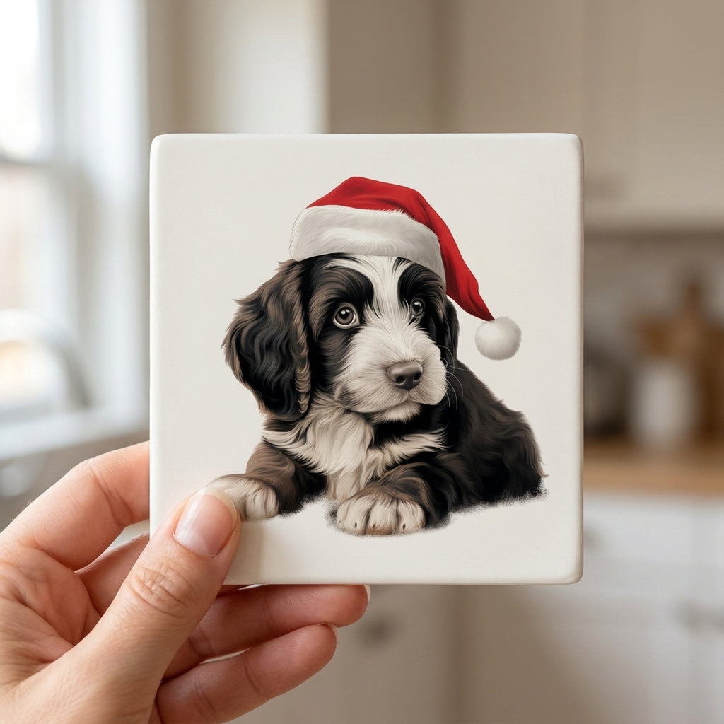 Spinone Italiano Puppy Drawing ceramic coasters set of 4, in hand