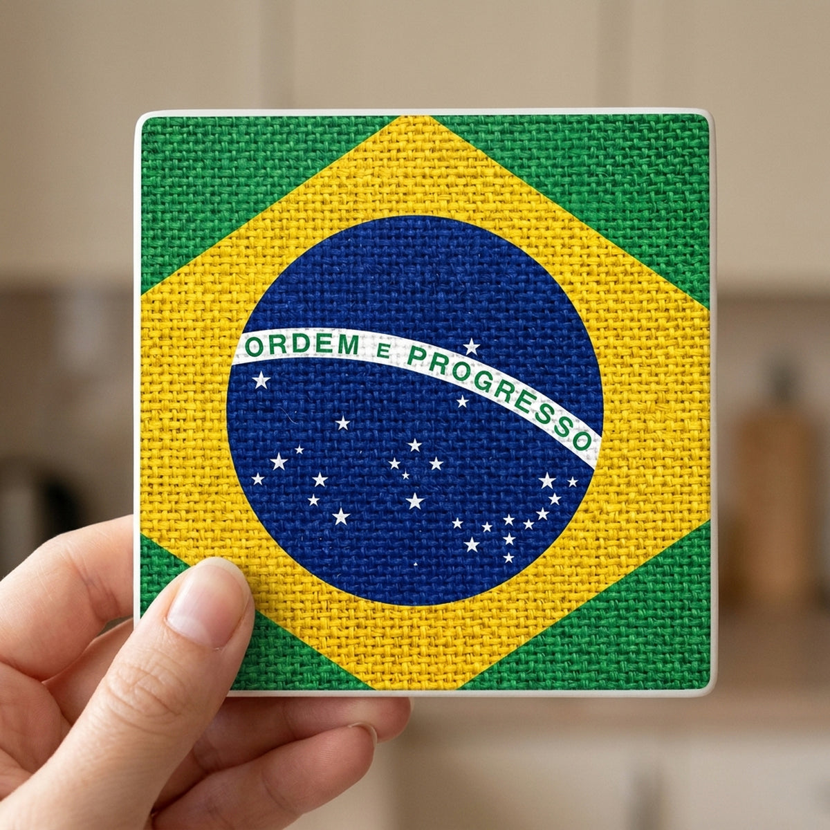 Brazil Flag Pride ceramic coasters set of 4, in hand