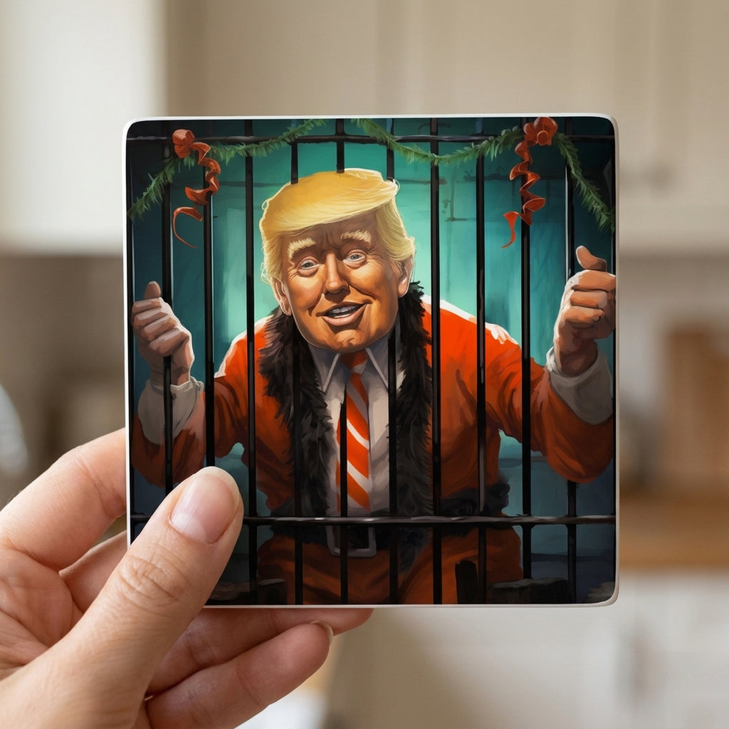 Festive Jailhouse Garland ceramic coasters set of 4, in hand