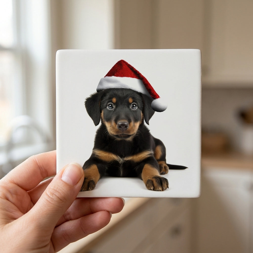 Beauceron Puppy ceramic coasters set of 4, in hand