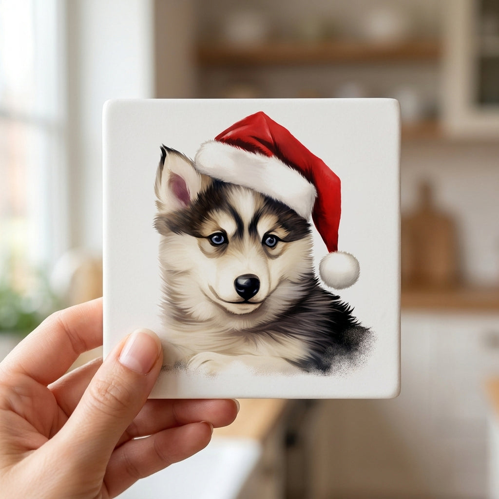 Siberian Husky Puppy Drawing ceramic coasters set of 4, in hand