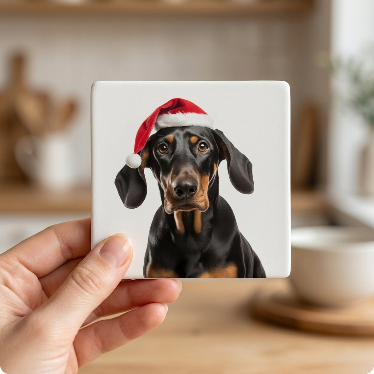 Black and Tan Coonhound ceramic coasters set of 4, in hand