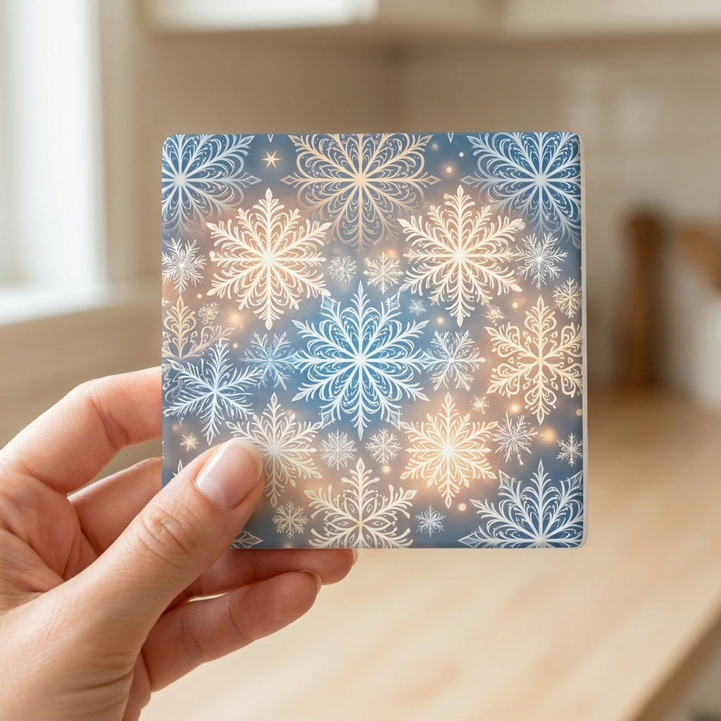 Christmas Snowflakes ceramic coasters set of 4, in hand